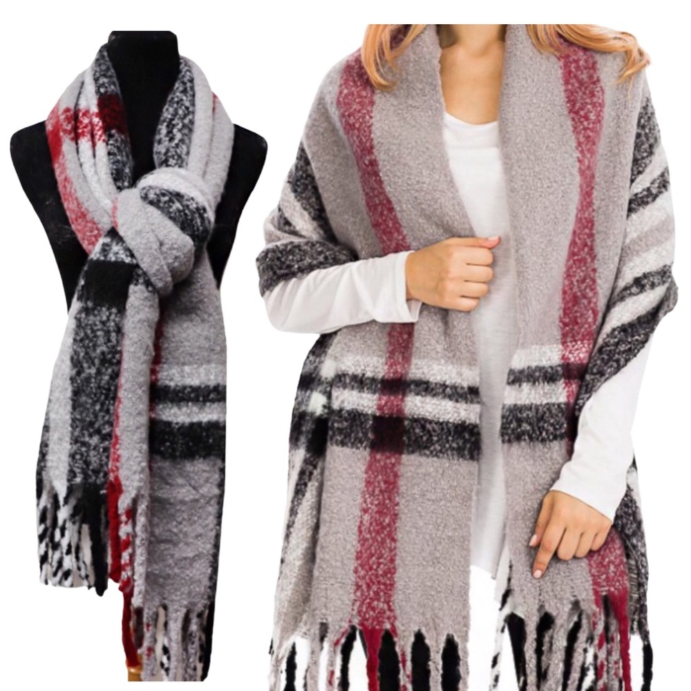 Grey Plaid Large Soft Thick Acrylic Blanket Scarf!